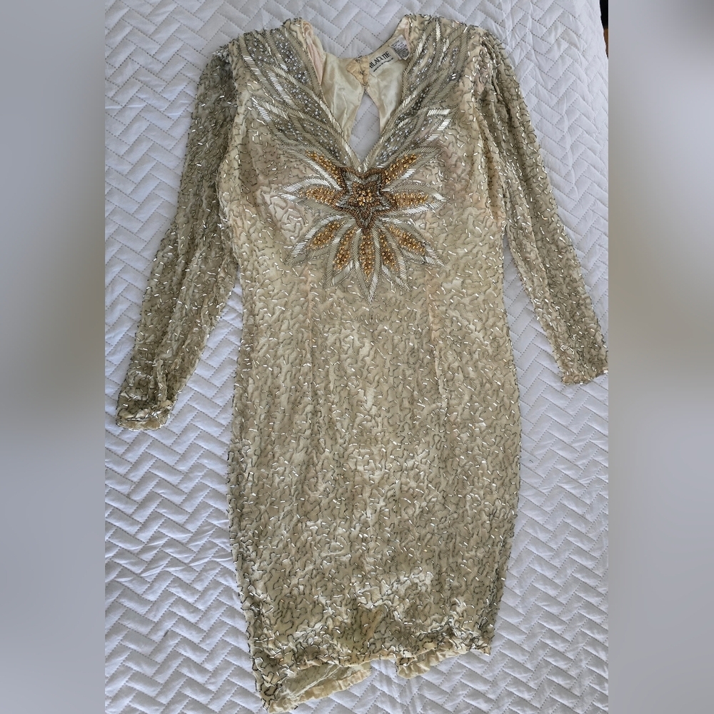 Elegant Vintage Black Tie Silk Sequin Dress - Picture 2 of 12